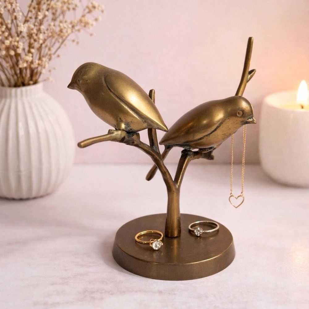 VTG MCM Brass Birds On Branch Sculpture Jewelry Holder Tree Decor 10x7.25